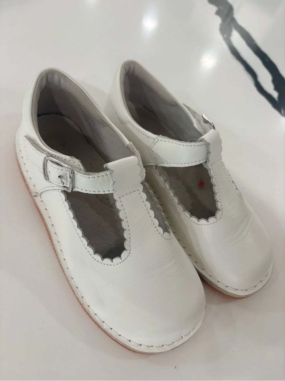 L'Amour White Scalloped T-Strap Kids Dress Shoes